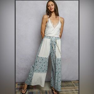 POL Floral Patchwork Wide Pants Floral Pattern 
Color: Water Blue/Ivory S, M,L